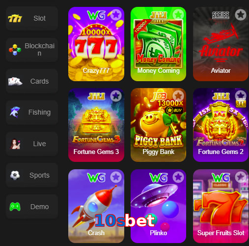 Main screen of 10Sbet game page for PK players